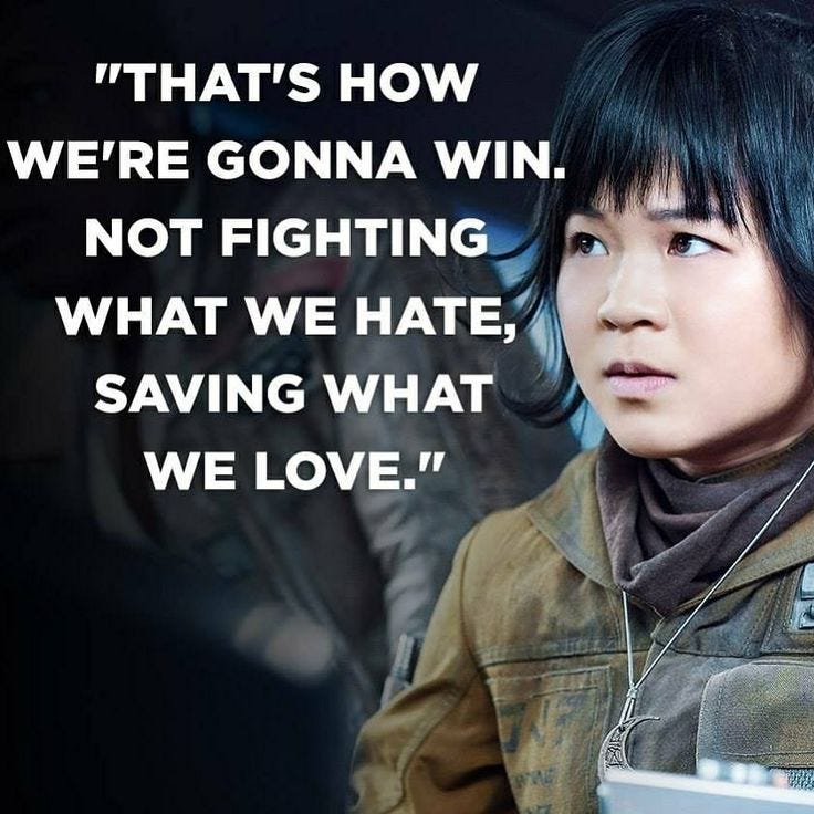 An image of Rose Tico from the Last Jedi with the quote That's how we're gonna win. Not fighting what we hate, but saving what we love." 